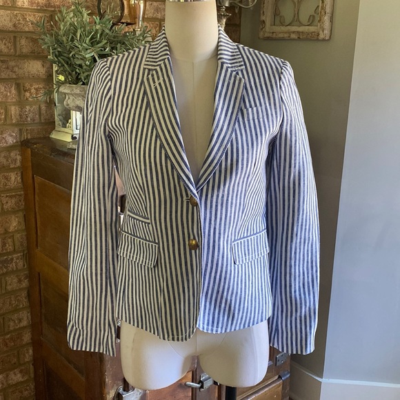 J. Crew | The Schoolboy Blazer Blue White Striped 100% Linen Size 2 Style 46077